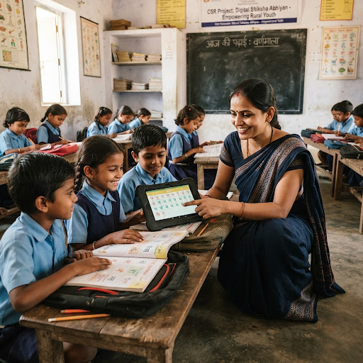 Teacher guiding children with tablets
